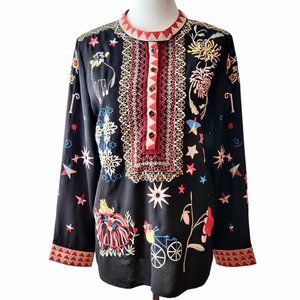 Coruja Womens Black Allover Colorful Embroidered 1/2 Button L/S Tunic Top M
